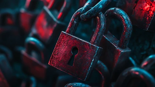 Rusty padlocks hang in moody red and teal cyber lighting