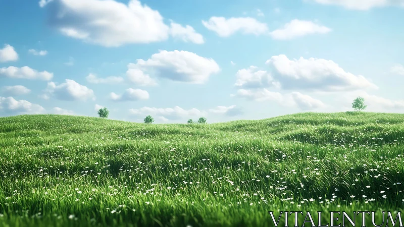 Sunlit grassy hills under bright blue spring sky.