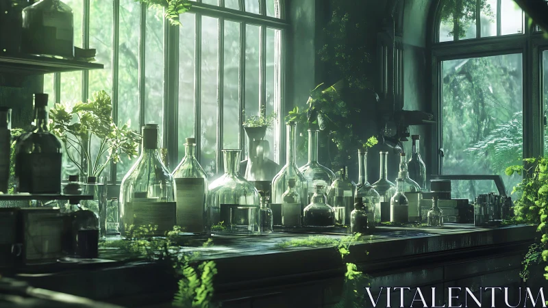 Sunlit glass laboratory with overgrown green plants inside.