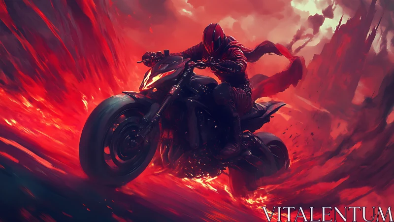 Armored rider powers a superbike through molten red inferno