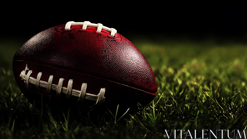 Football rests on wet grass under dramatic stadium lighting