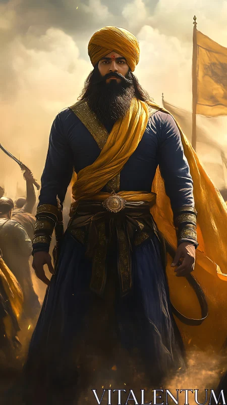 Regal warrior in golden turban standing amid rising dust.