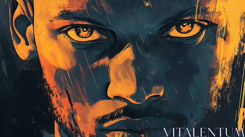 Intense male portrait in teal shadow and molten gold light.