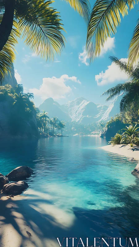 Alpine Lake Fjord Landscape with Tropical Palms.