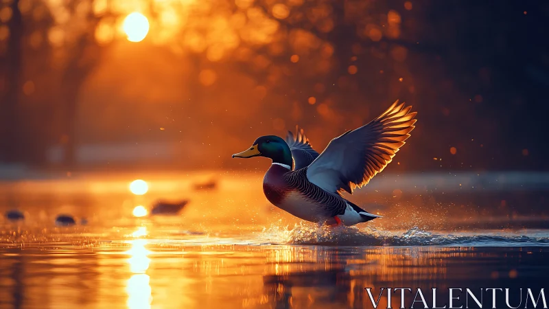 Majestic duck landing on lake at sunrise in golden light, realistic.