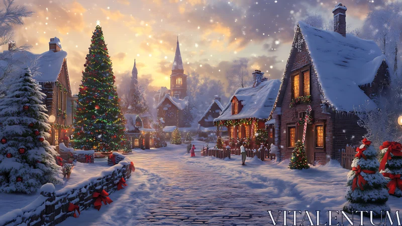 Snowy village street with large decorated Christmas tree.