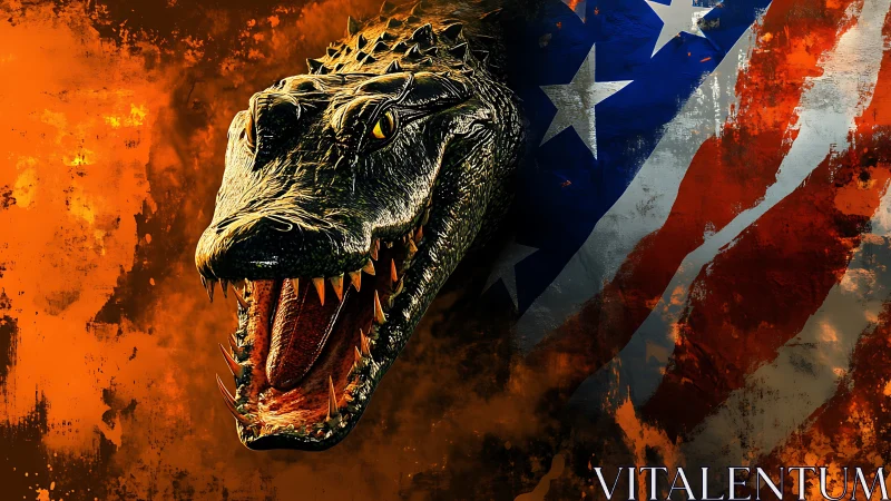 Digitally rendered crocodilian head with distressed US flag backdrop.