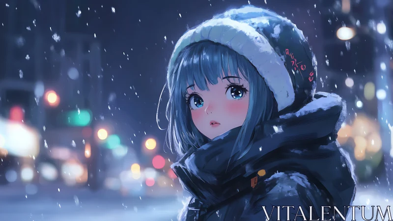 Girl in winter clothing stands in illuminated urban snowfall
