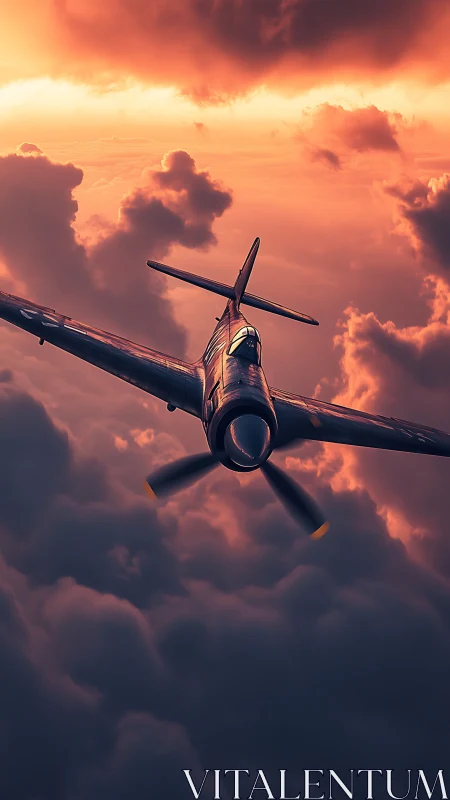 Warbird climbs through molten sunset storm clouds sky.