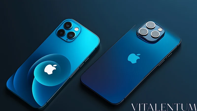 Two iPhones with triple-lens camera systems displayed on blue gradient surface.