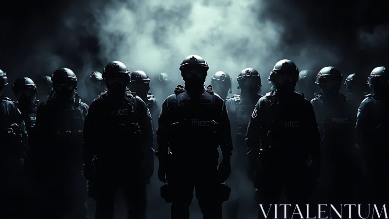 Riot police unit stands in dense backlit smoke at night