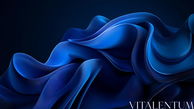 Flowing Abstract Blue Fabric Waves on Dark Background, Digital Art.