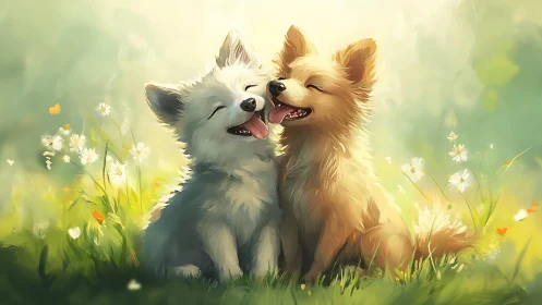 Sunny meadow mischief: two giggling puppies in bloom.