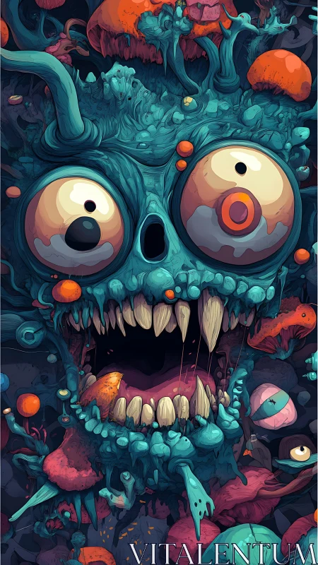 Laughing fungus beast erupts from a neon alien underworld.