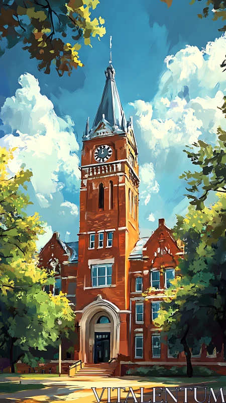 Historic red brick clocktower dominates sunlit campus courtyard