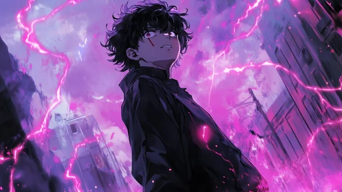 Stormlit prodigy ignites neon lightning in ruined streets.