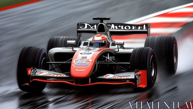 Photorealistic Formula racing car on wet circuit track.