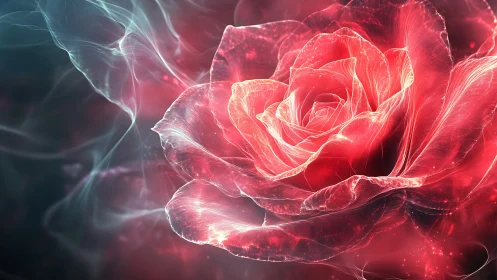 Glowing red rose in ethereal light with smoky background.