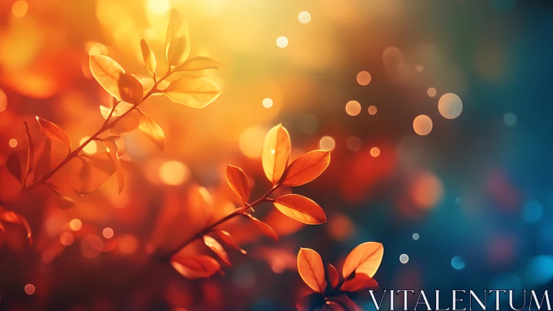 Sunlit autumn leaves glow against soft bokeh background.