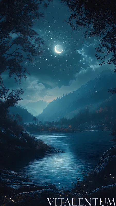 Moonlit alpine lake glows beneath a crescent sky at night.