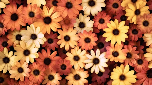 Vibrant daisy flowers densely clustered with warm color palette