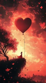 Love Ascending: Heart Balloon Over Fiery Cliffs.