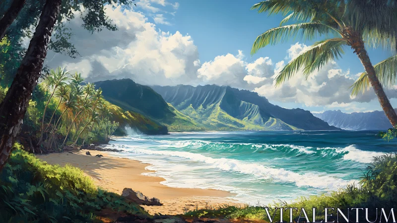 Tropical Beach with Dramatic Mountain Ridges and Ocean Waves