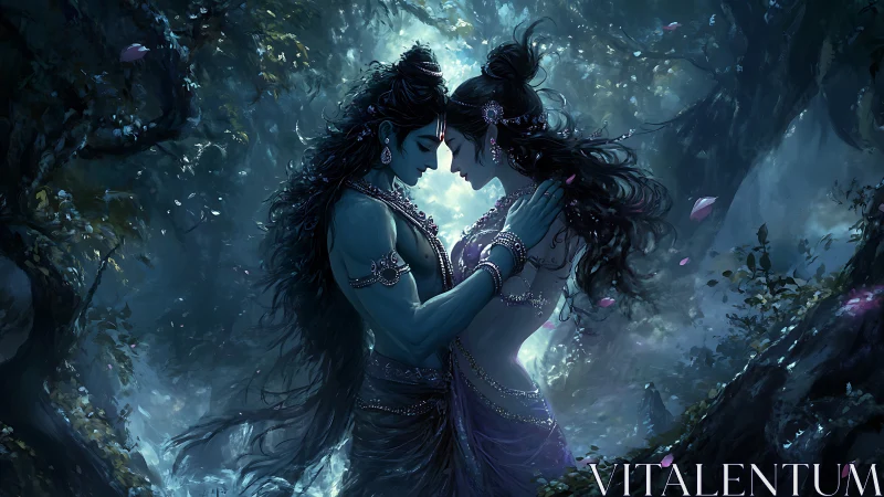 Twin Figures Embrace in Luminous Underwater Cavern.