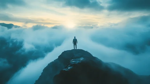 Lone figure stands on misty mountain ridge at sunrise