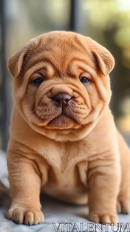 Sharpei type puppy portrait indoors with soft daylight.