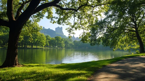 Sunlit city park lake framed by sweeping green trees.