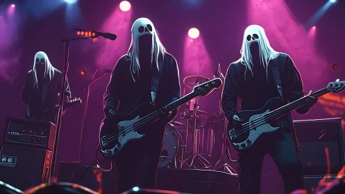 Ghost-masked rock band performing onstage under neon lights.