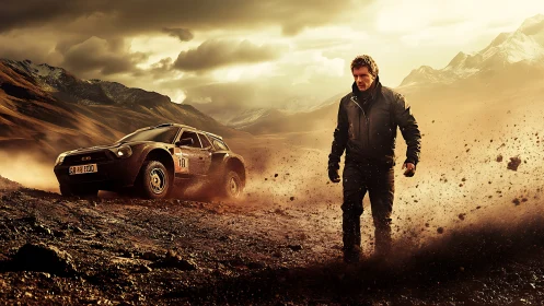Dusty desert racer and lone driver in a golden sunset storm.