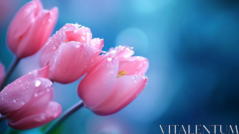 Pink Tulips Kissed by Morning Dew.