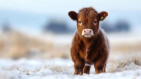 Fluffy brown calf stands in frosty open winter pasture.