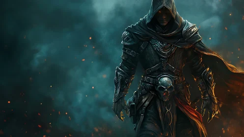 Ember cloaked reaper striding through stormlit shadowfire.