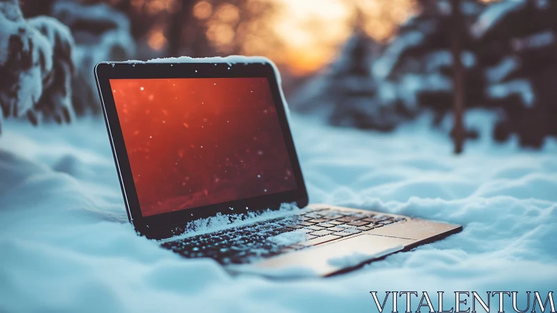 Laptop with red screen partially buried in winter snow.