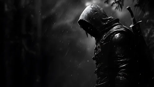 Hooded swordsman silhouette in rain, high contrast monochrome