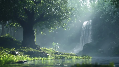 Enchanted Forest Sanctuary with Cascading Waterfall