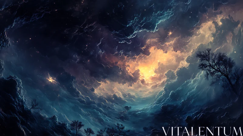 Stormy cosmic sky swirling over dark silhouetted trees.