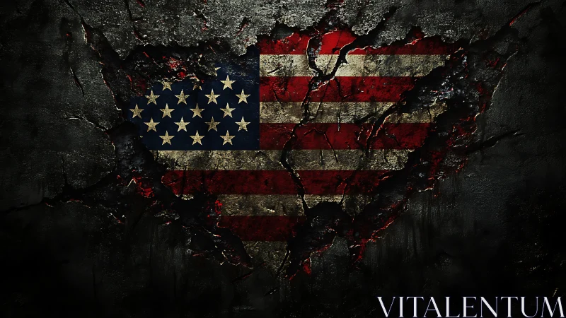 Distressed American flag revealed through fractured concrete.