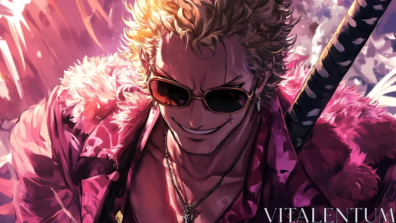 Pink-coated sunglasses wearer with sword and scarred face.