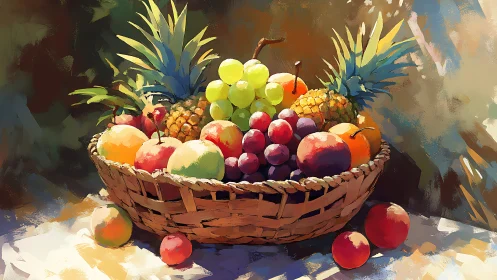 Vibrant wicker fruit still life under diffused daylight.