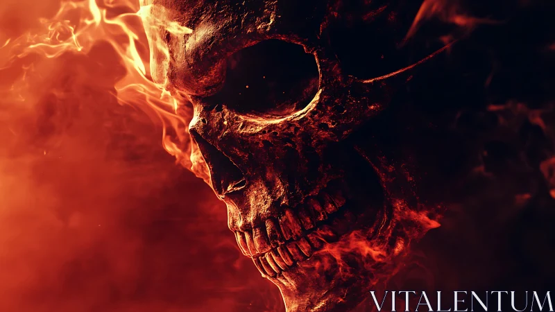 Burning demonic skull emerges from swirling inferno flames.