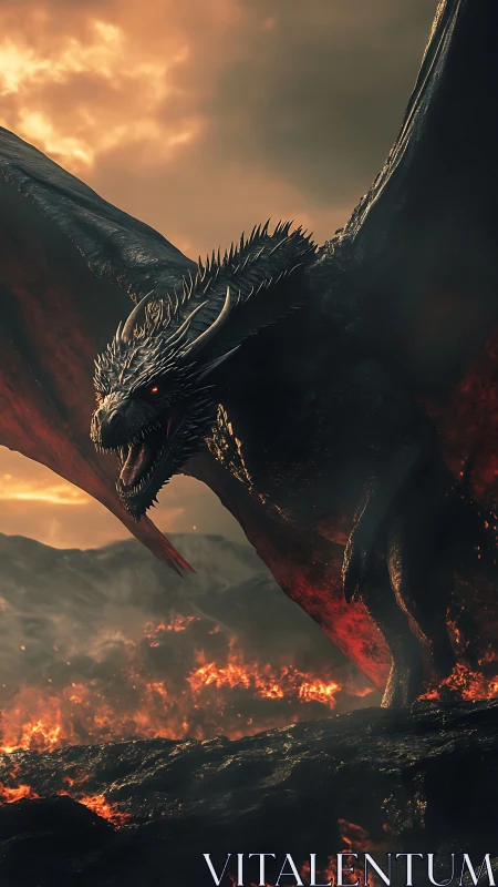 Fire dragon dominates molten wasteland at dusk horizon.
