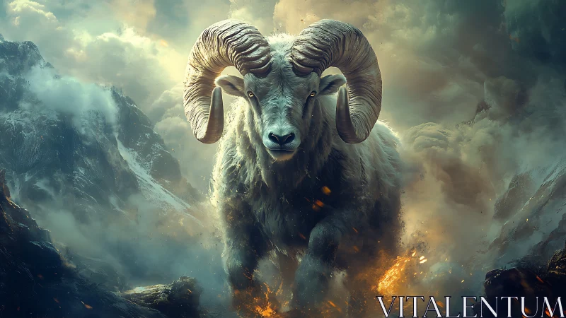Mythic ram charges through stormlit mountains in firestorm.