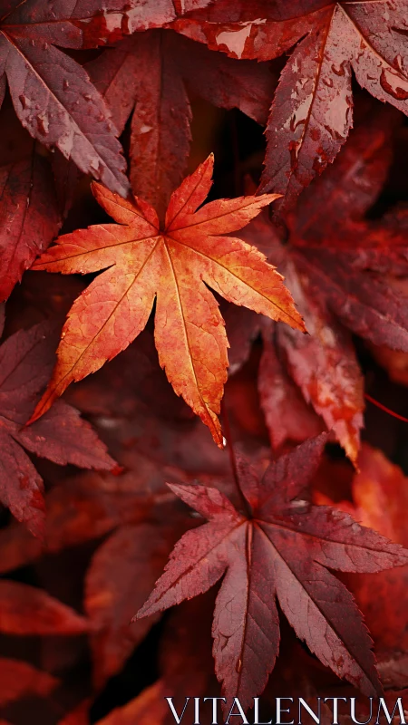 Close-up of wet red maple leaves in overlapping layers.