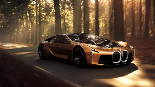 Golden forest hypercar gliding through morning light.
