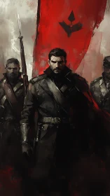 Soldier leads grim military unit before large red war flag