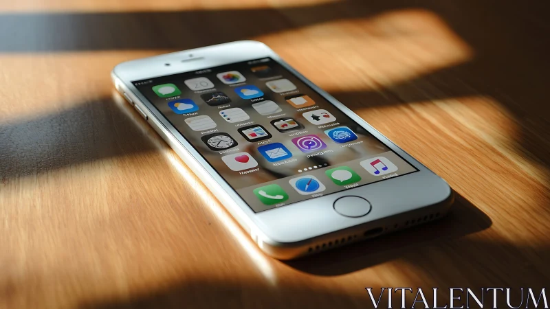 White iPhone glows beneath golden afternoon sunlight streaming across wooden surface